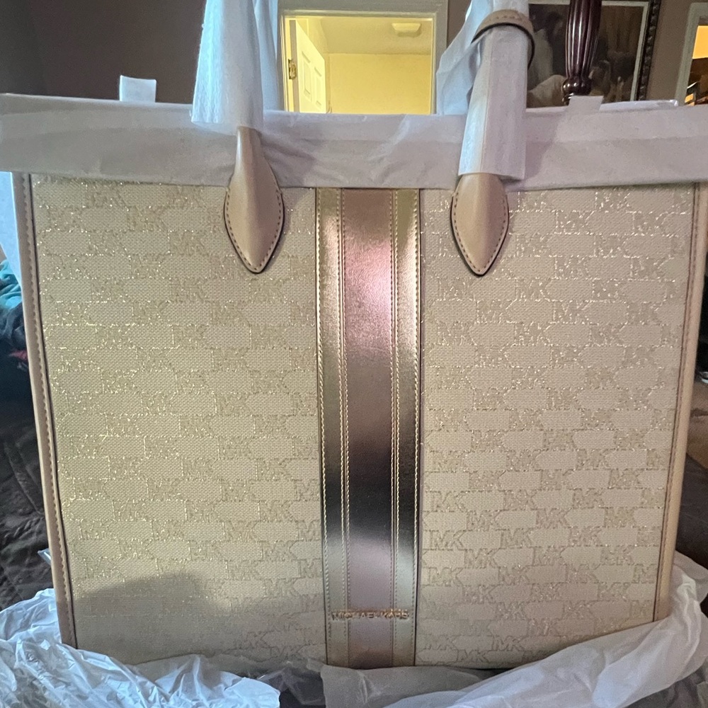 Mirella Large Metallic Striped Logo Jacquard Tote Bag